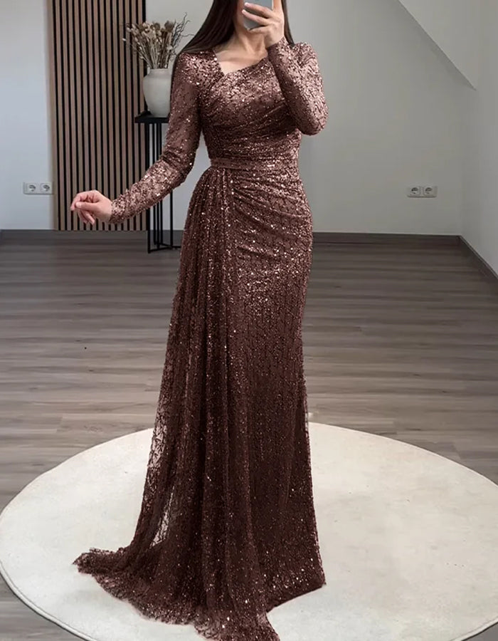 brown fishtail dress Solid Color Sequined Long Sleeved Maxi – Elirelle Color:7172-8 Mini Dress Curvy Sequin St. Louis CITY SC The slinky jersey fabric