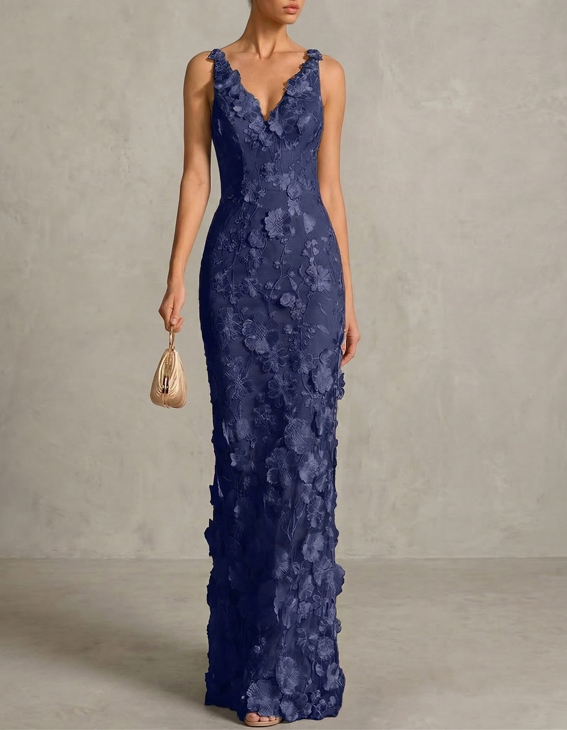 Navy Blue Chiffon Lace Embroidered Halter Fishtail Maxi Dress – Elirelle