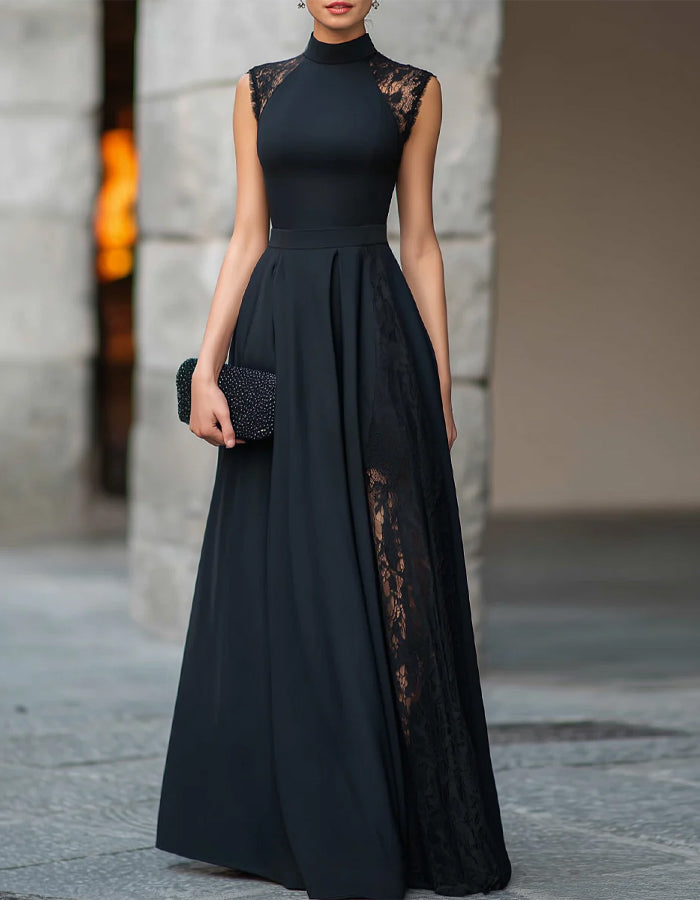 Black Lace Trimmed Turtleneck Maxi Dress – Elirelle