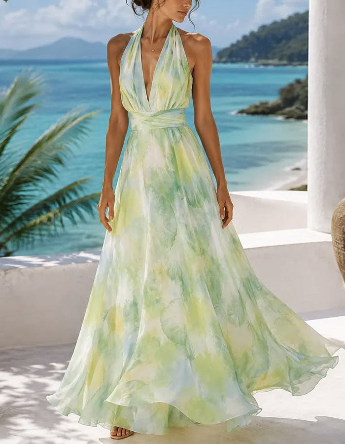 backless chiffon maxi dress Yellow Green Deep V – Elirelle VM: 25-40 The floor Size:US8 - Preorder What Bra To Wear