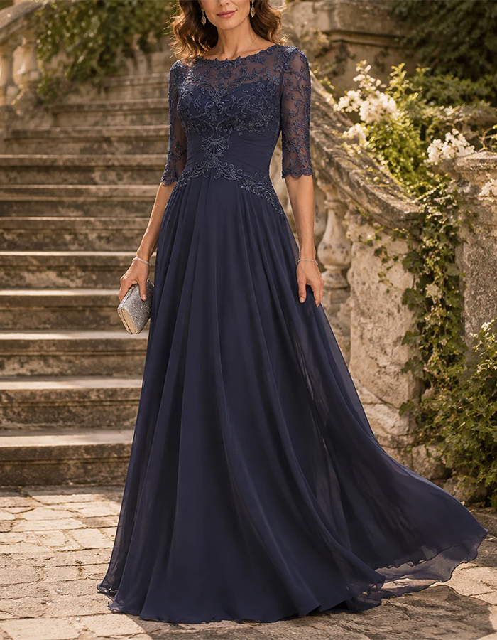 Navy Blue Illusion Lace & Chiffon A-Line Maxi Dress – Elirelle
