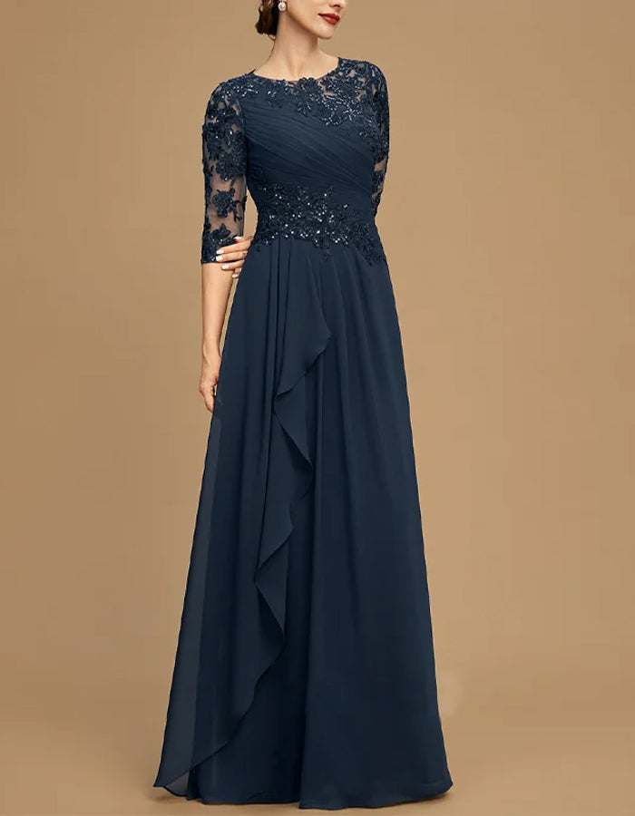 Dunkelblaues Maxikleid aus Chiffon mit Spitze und rundem Ausschnitt  