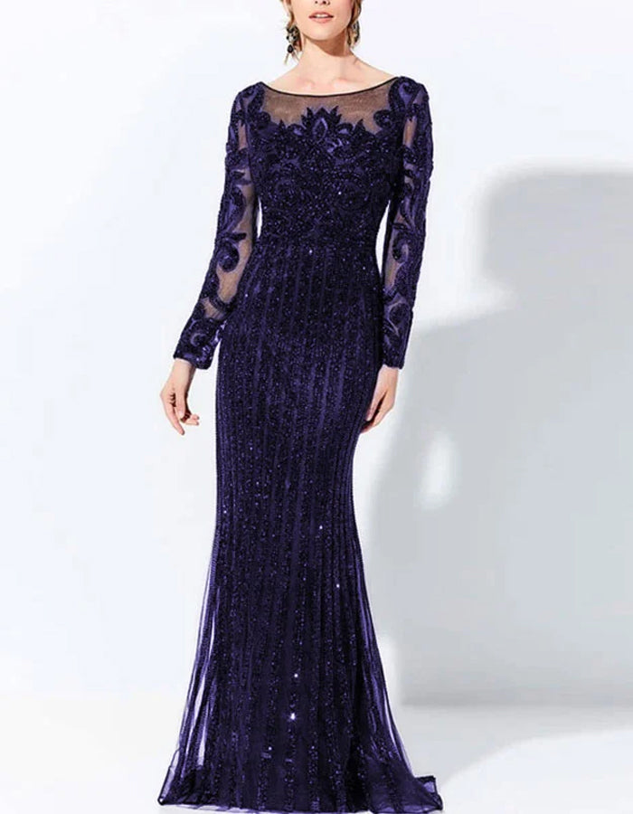 Vestido largo con encaje y lentejuelas, cuello redondo y mangas largas