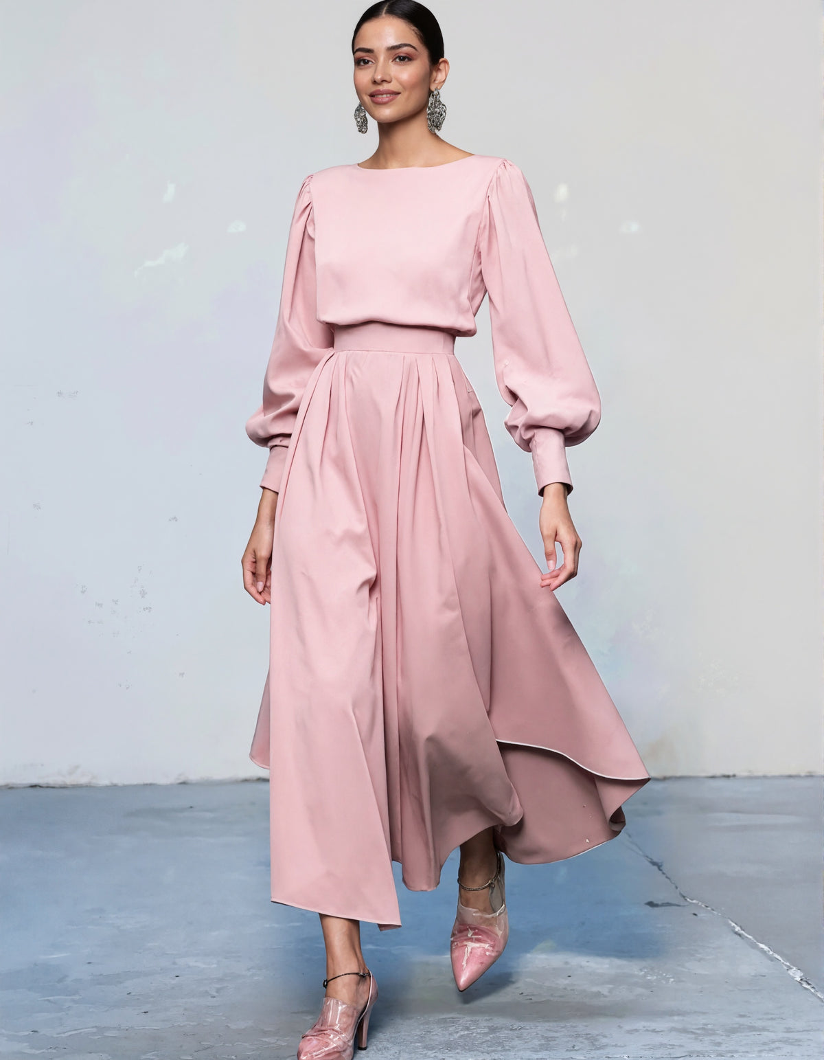 Rochie midi cu mâneci lungi, culoare solidă, gât rotund