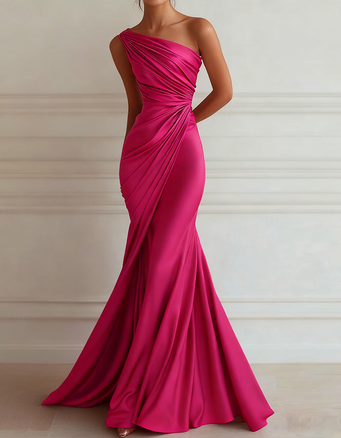 One-shoulder Stretch Satin Pleats Maxi Dress