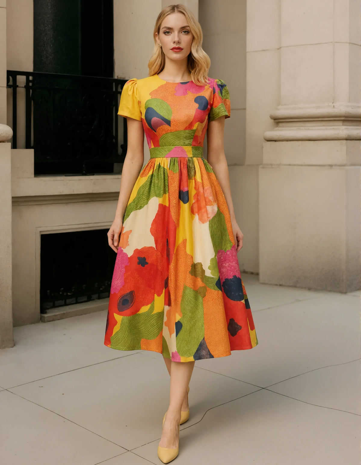 Vibrant Multicolor Satin Midi Dress with Puff Sleeves and Pleated Skirt