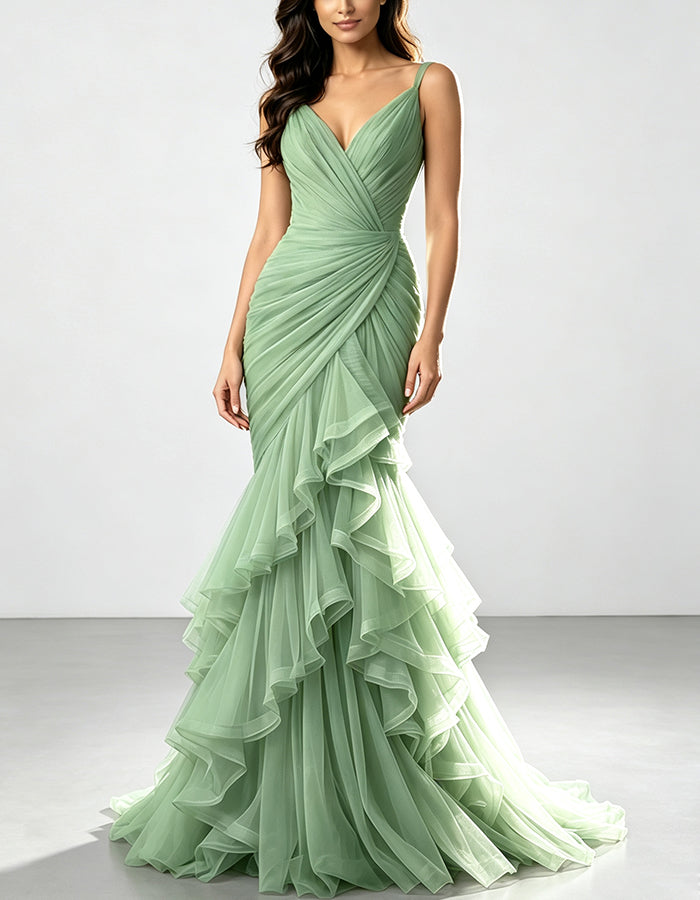 Dusty Pink Tulle Ruffle Mermaid Spaghetti Straps Maxi Dress