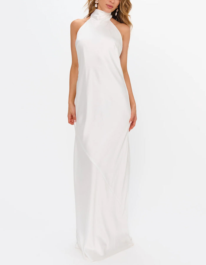 Robe de demoiselle d’honneur blanche à col montant et col licou  