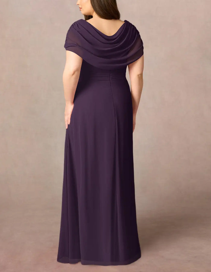 Rochie maxi A-line mov din chiffon cu deschidere laterală