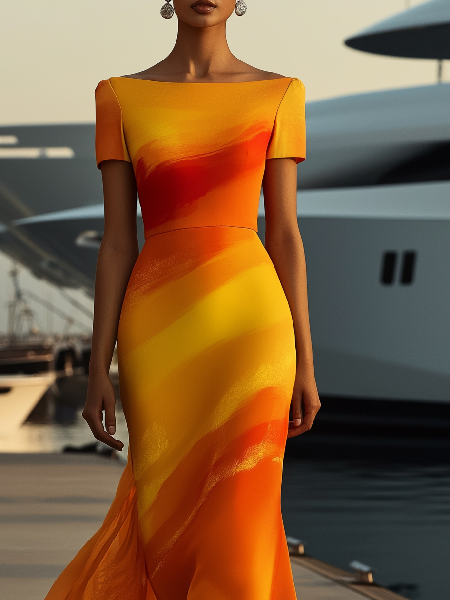 Zonsondergang ombre maxi-jurk – gedurfde oranje en gele tinten met aansluitend silhouet