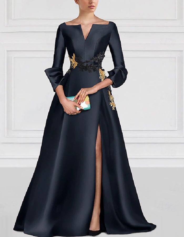 Elegant Satin Gown with Embroidered Waist and Split Skirt