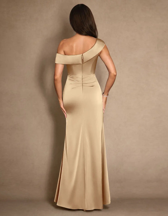 Vestido Maxi A-line Plissado de Cetim Elástico Cor Champanhe