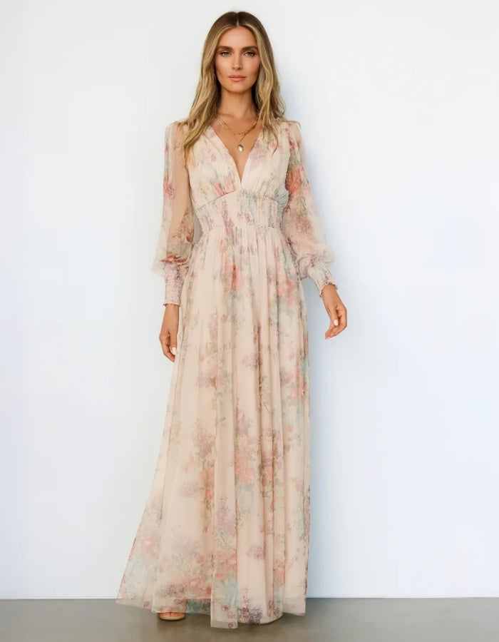 Boho beżowa sukienka z szyfonu z kwiatowym nadrukiem i przezroczystymi rękawami