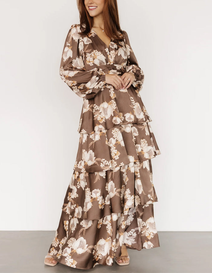 Rochie maxi cu imprimeu satin mocha  