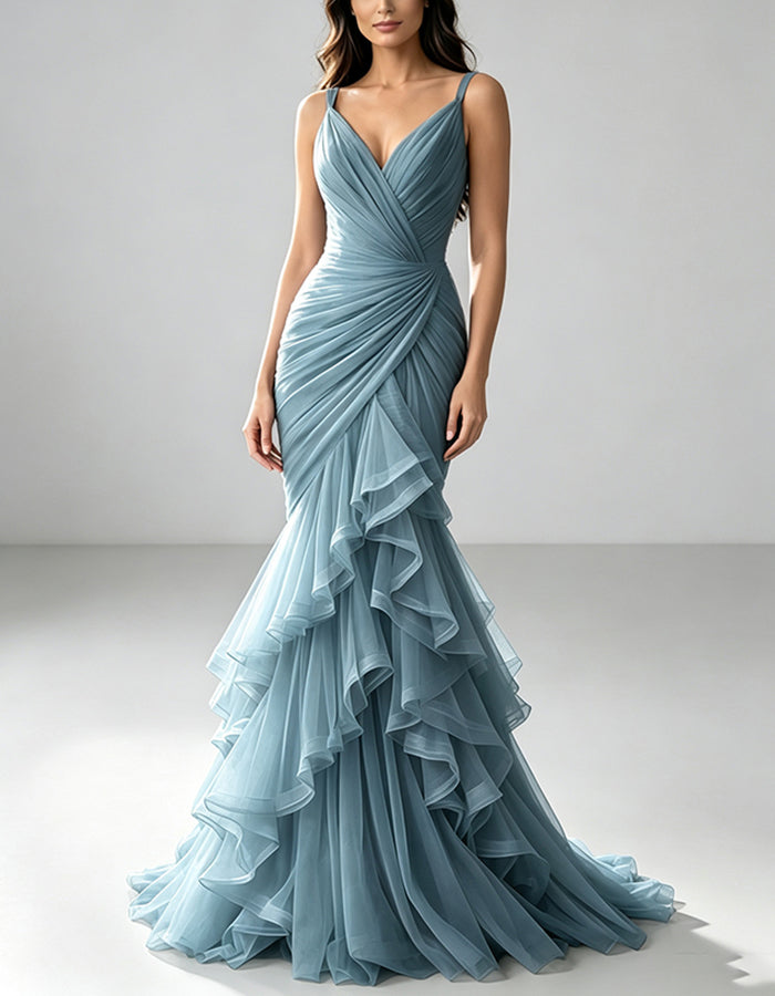 Dusty Pink Tulle Ruffle Mermaid Spaghetti Straps Maxi Dress