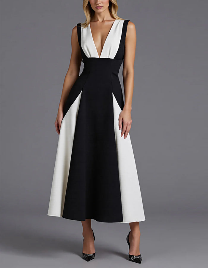 Vestido midi preto e branco sem mangas com decote em V