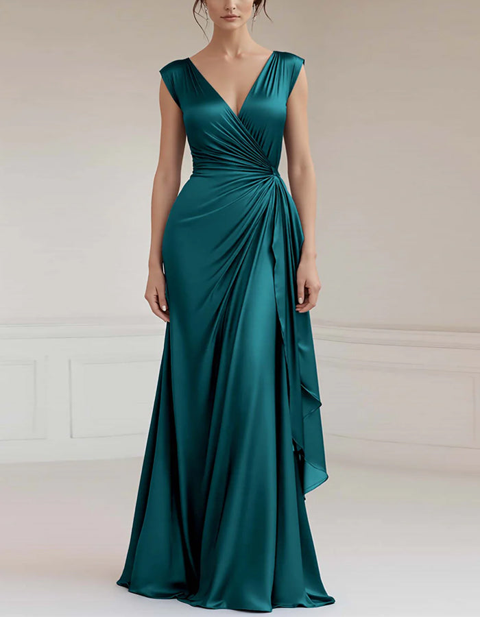 Vestido maxi satinado ajustado con cuello en V de color liso y volantes