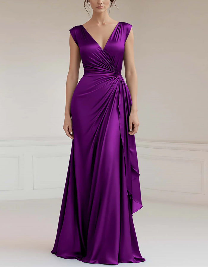 Vestido maxi satinado ajustado con cuello en V de color liso y volantes