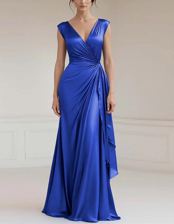 Vestido maxi satinado ajustado con cuello en V de color liso y volantes