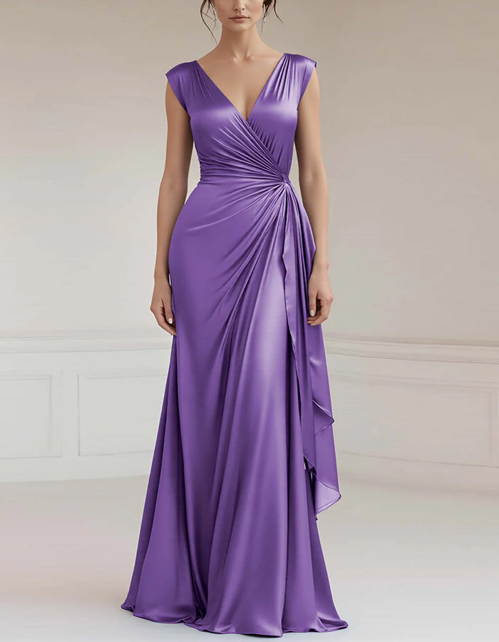Vestido maxi satinado ajustado con cuello en V de color liso y volantes