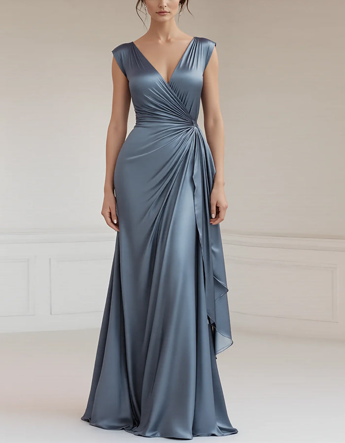 Vestido maxi satinado ajustado con cuello en V de color liso y volantes