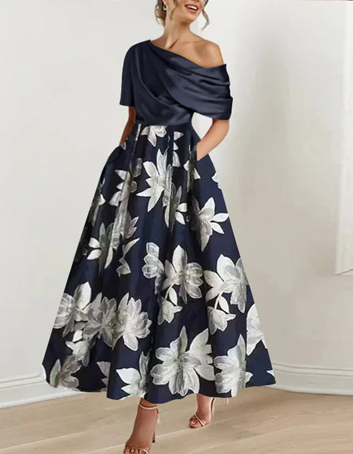 Vestido midi retro de un solo hombro con estampado y costuras en color sólido
