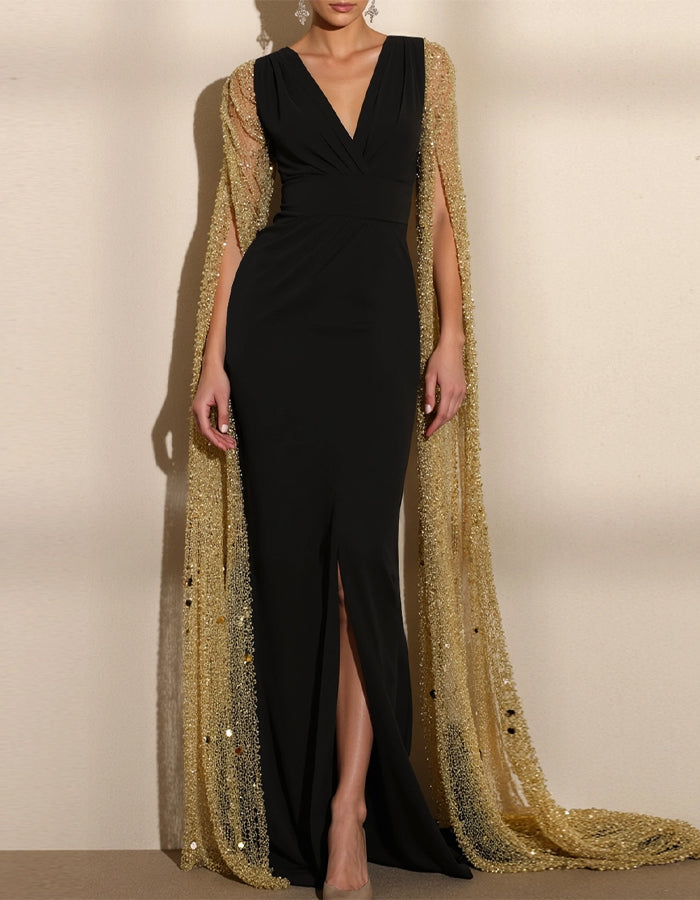 Vestido Maxi Preto Justo com Decote em V e Estilo Xale
