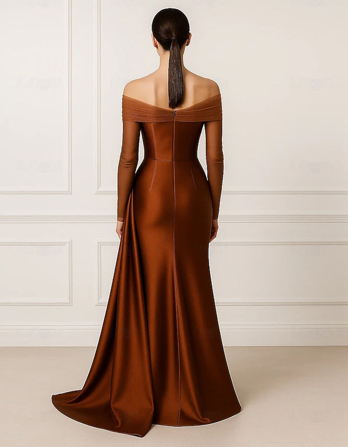 Vestido maxi justo de cetim em cor sólida com ombros descobertos