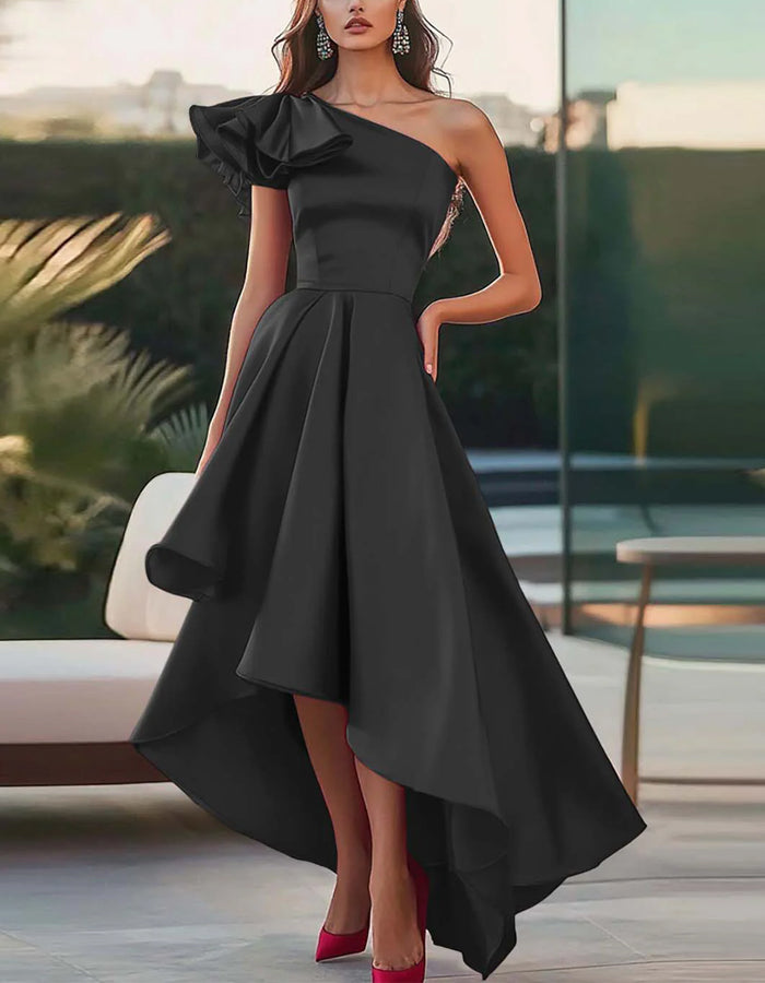Rochie midi uni din satin în linie A, cu un umăr