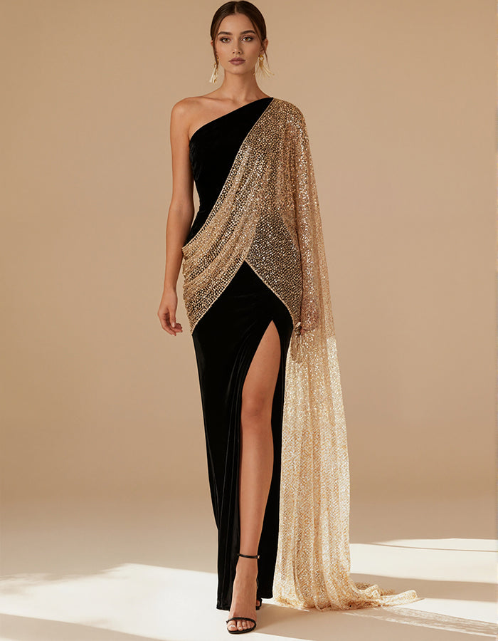 Robe maxi noire brillante à une épaule avec fente et sequins