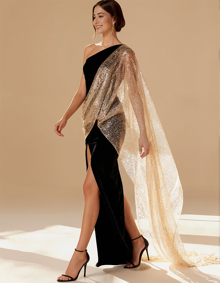 Vestido maxi negro brillante con un hombro y abertura estilo pez