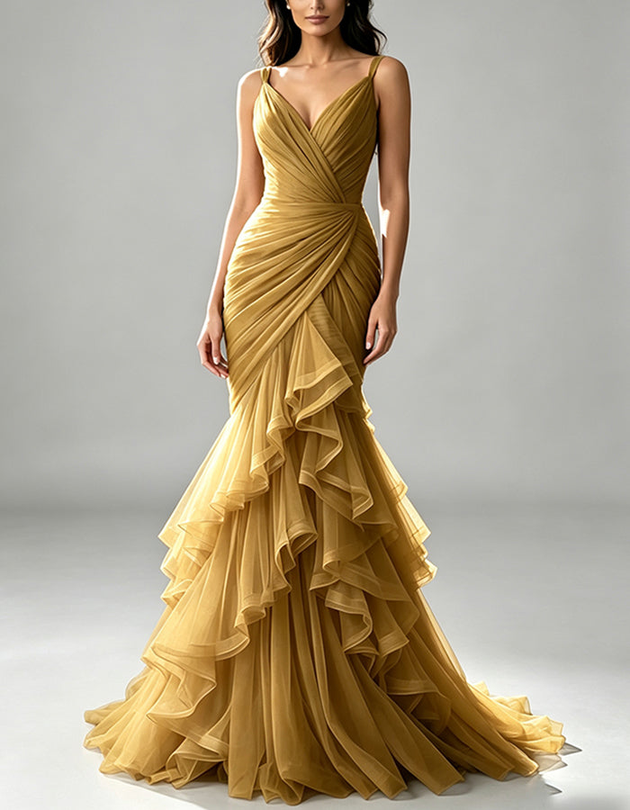 Dusty Pink Tulle Ruffle Mermaid Spaghetti Straps Maxi Dress