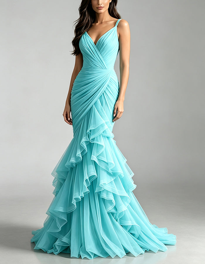 Dusty Pink Tulle Ruffle Mermaid Spaghetti Straps Maxi Dress