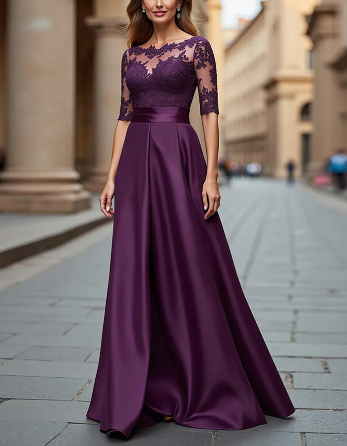 Vestido maxi púrpura de satén con encaje para madre de la novia