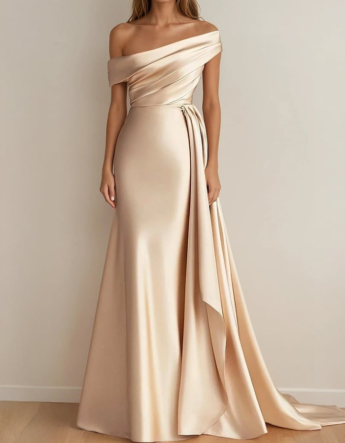 Maxi-jurk van satijn met één schouder en lange vloerlengte