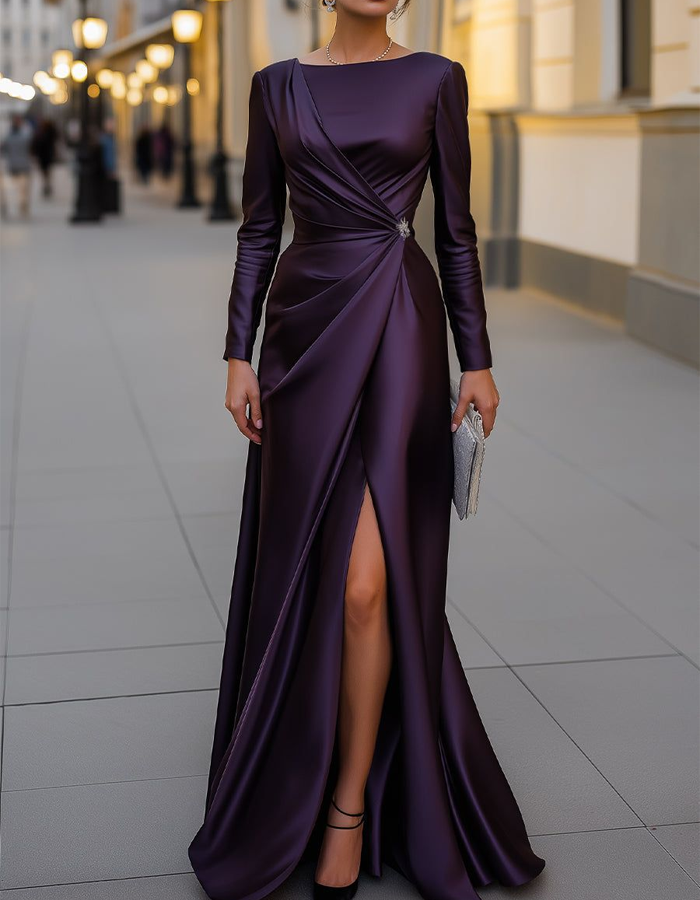 Boat Neckline Satin Maxi Dress