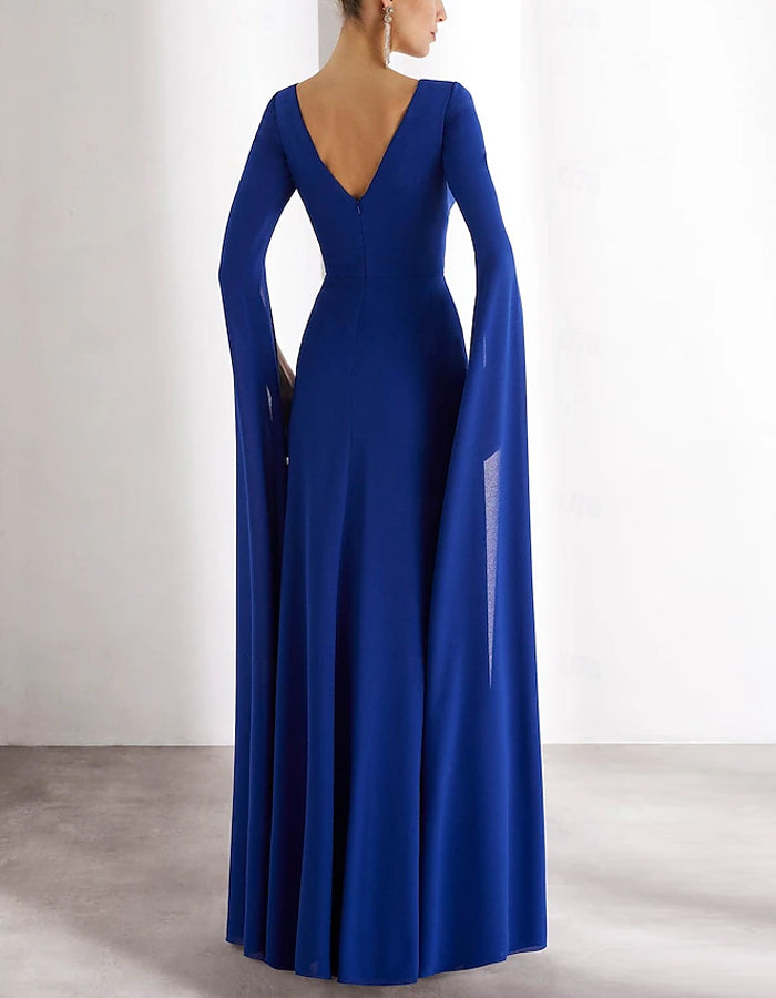 Rochie maxi din chiffon cu gât rotund, mâneci lungi și pliuri