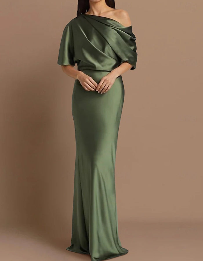 Vestido largo maxi de satén de color sólido con escote off shoulder, mangas cortas y pliegues