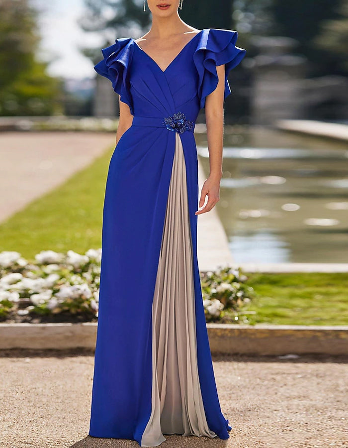 Vestido largo maxi de color sólido con escote en V, pliegues y adornos de cristal