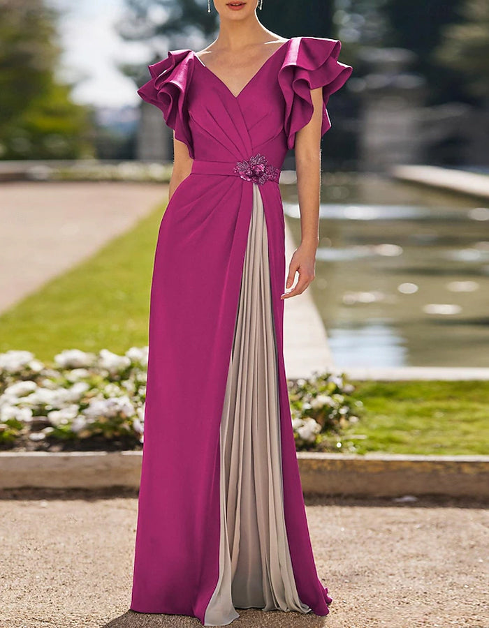 Vestido largo maxi de color sólido con escote en V, pliegues y adornos de cristal