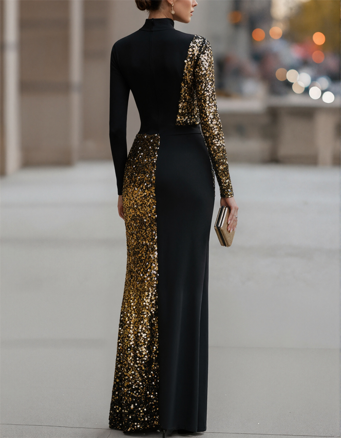 Auffälliges Maxikleid mit Pailletten und Farbblockierung