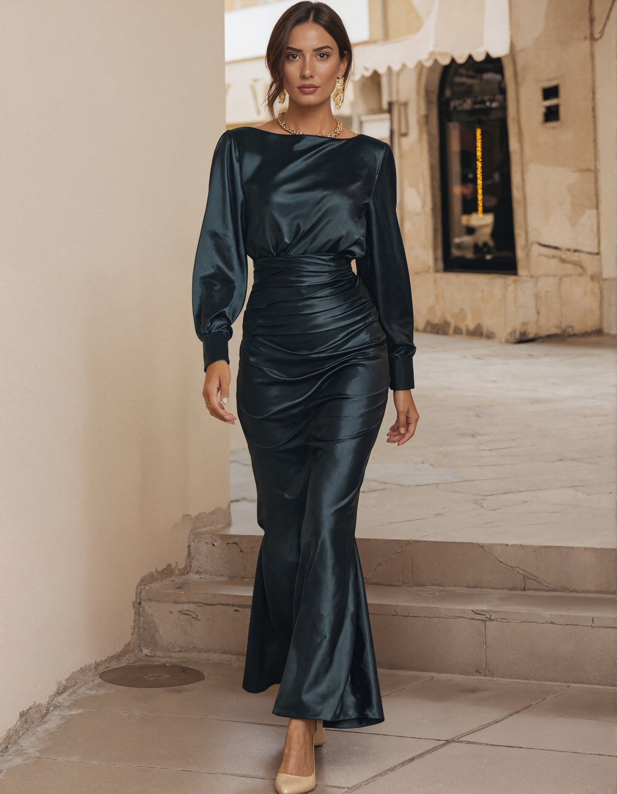 Rochie maxi gri din satin cu mâneci lungi