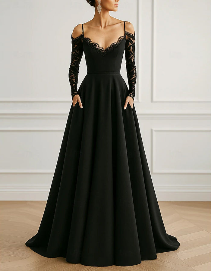 Vestido largo maxi negro de satén con encaje y escote off shoulder