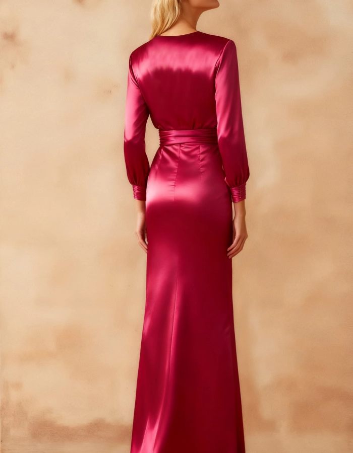 Rochie maxi din satin cu decolteu adânc în V și mâneci lungi
