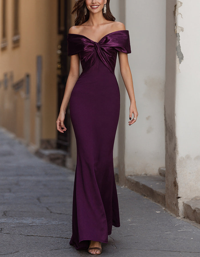 Vestido largo maxi ajustado de color sólido con escote off shoulder y cola de pez