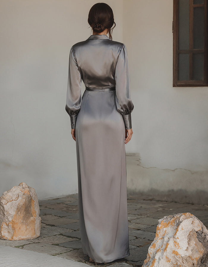 Grey Satin Long Sleeve Maxi Dress