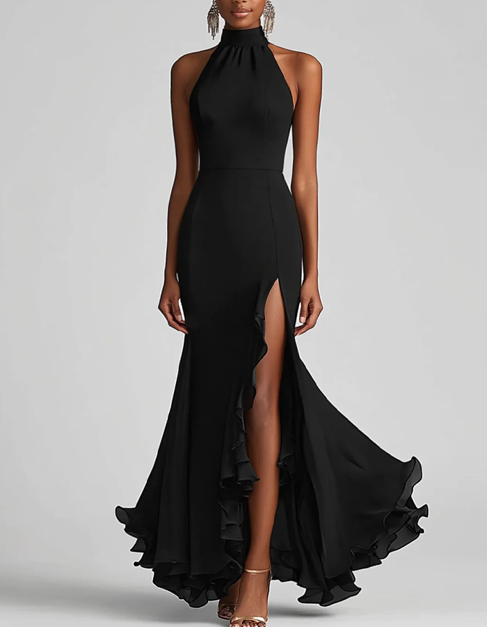 Rochie maxi sirenă cu volane, decolteu halter și slit