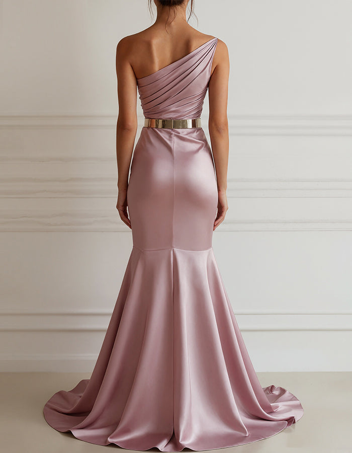 Rochie maxi din satin cu umeri, culoare uni