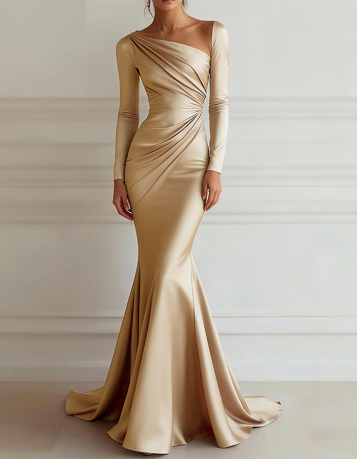 Maxikleid aus einfarbigem Satin mit langen Ärmeln