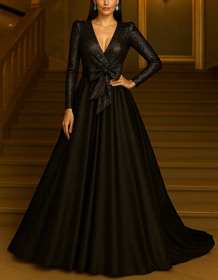 Abito lungo nero in satin con scollo a V e fiocco